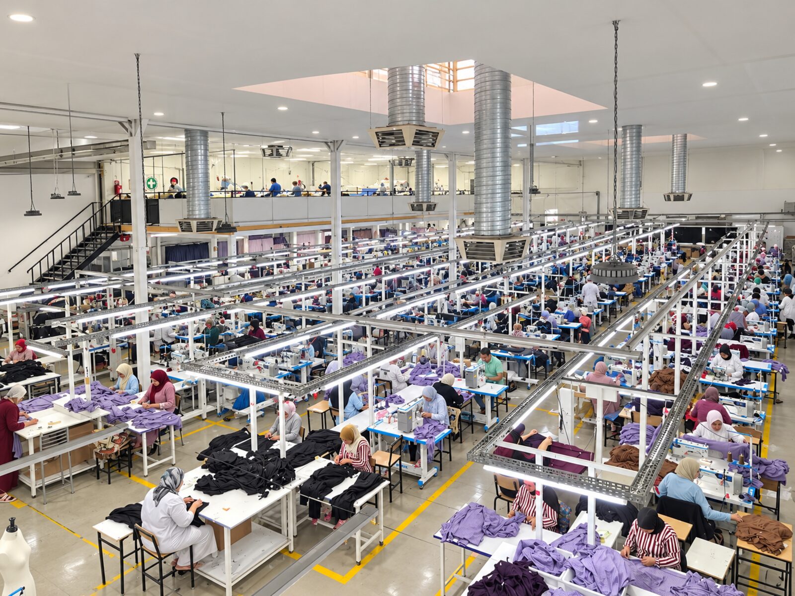 Atelier de production à Fès, lignes de piqûre et tables de contrôle