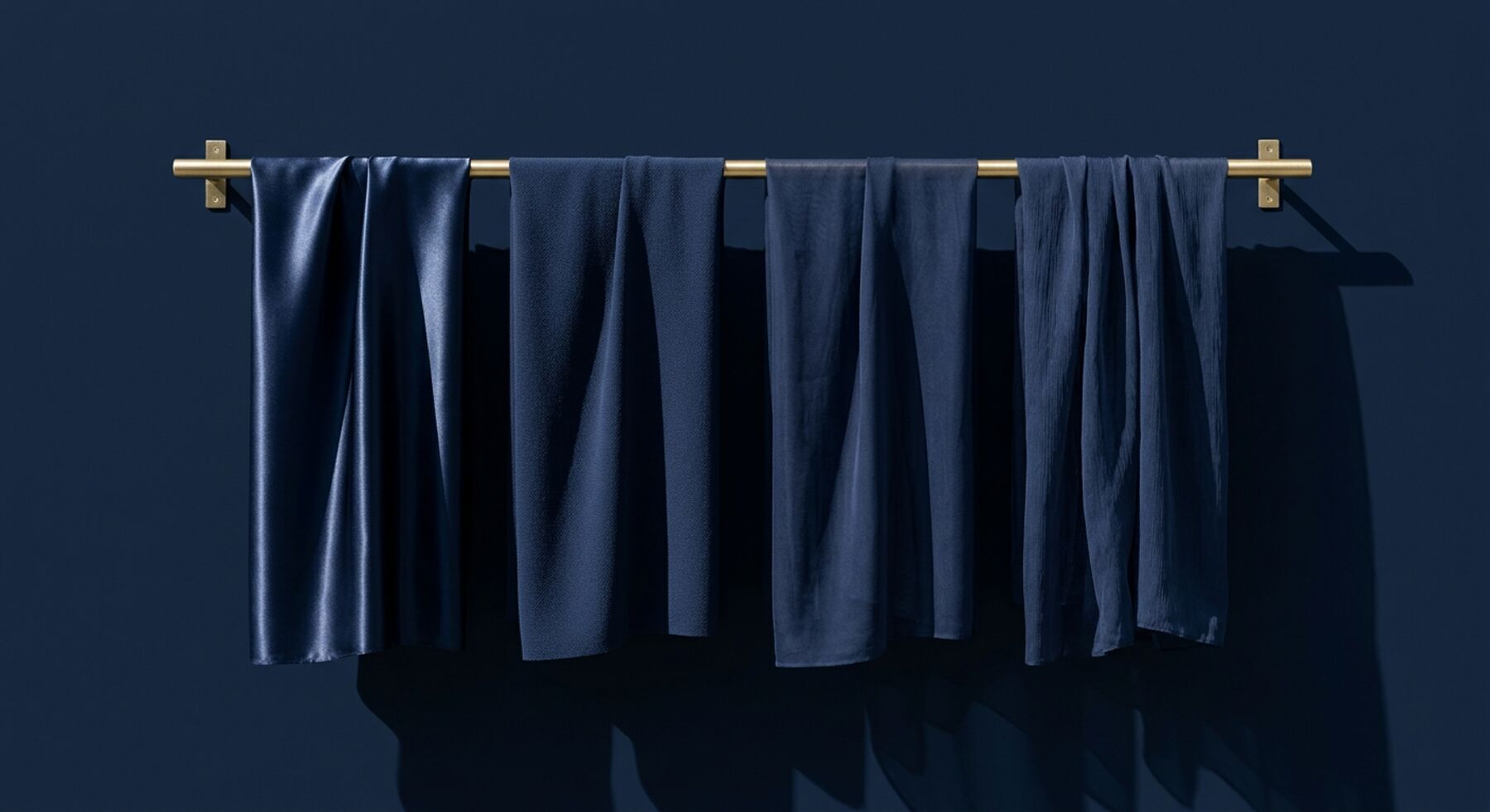 Satin, crêpe, voile et georgette bleu nuit suspendus à une barre en laiton