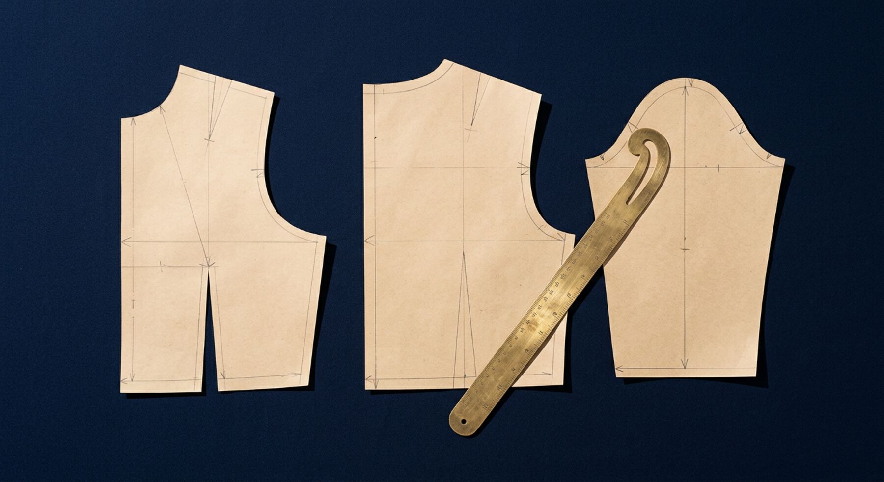 Pièces de patron en papier kraft et pistolet de couture en laiton