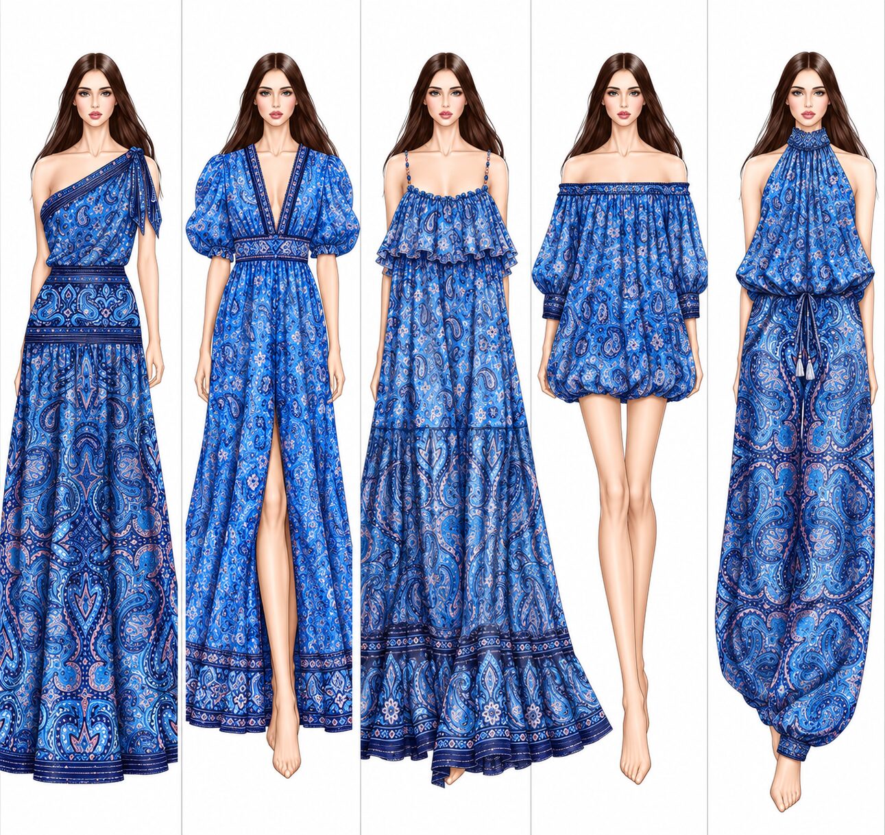 Croquis de cinq silhouettes en imprimé cachemire bleu